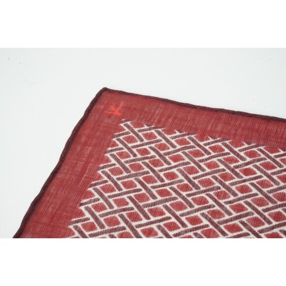 Isaia Wine Red Ivory White Geometricn Linen Blend Pocket Square Italy New - Picture 3 of 5